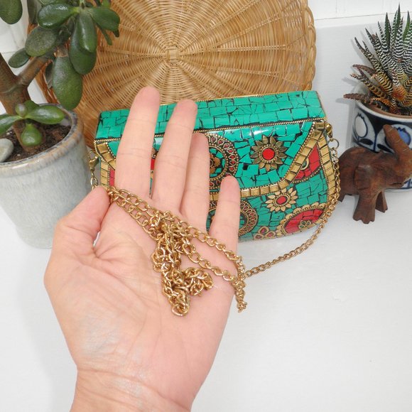 Antik Kraft Boho Amoli Brass & Mosaic Crossbody Clutch Turquoise Anthropologie - Picture 9 of 14
